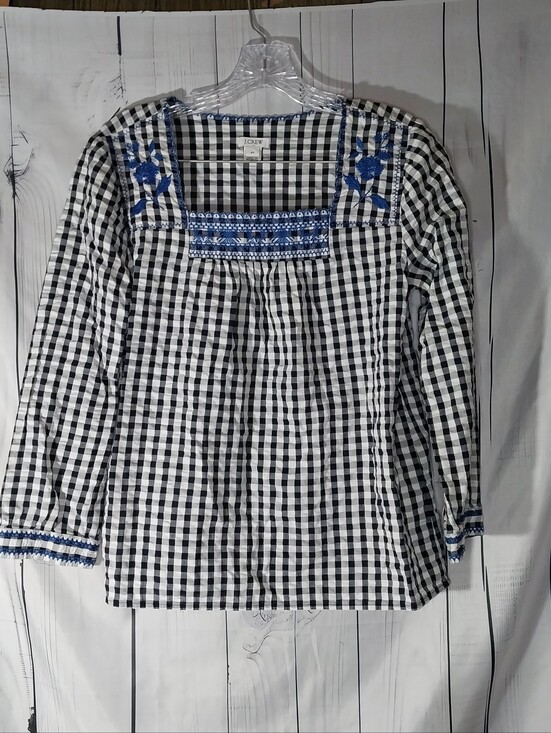 J. Crew Factory Tops - J.Crew Factory Long Sleeve Embroidered Preppy Chic Gingham Relaxed Peasant Top